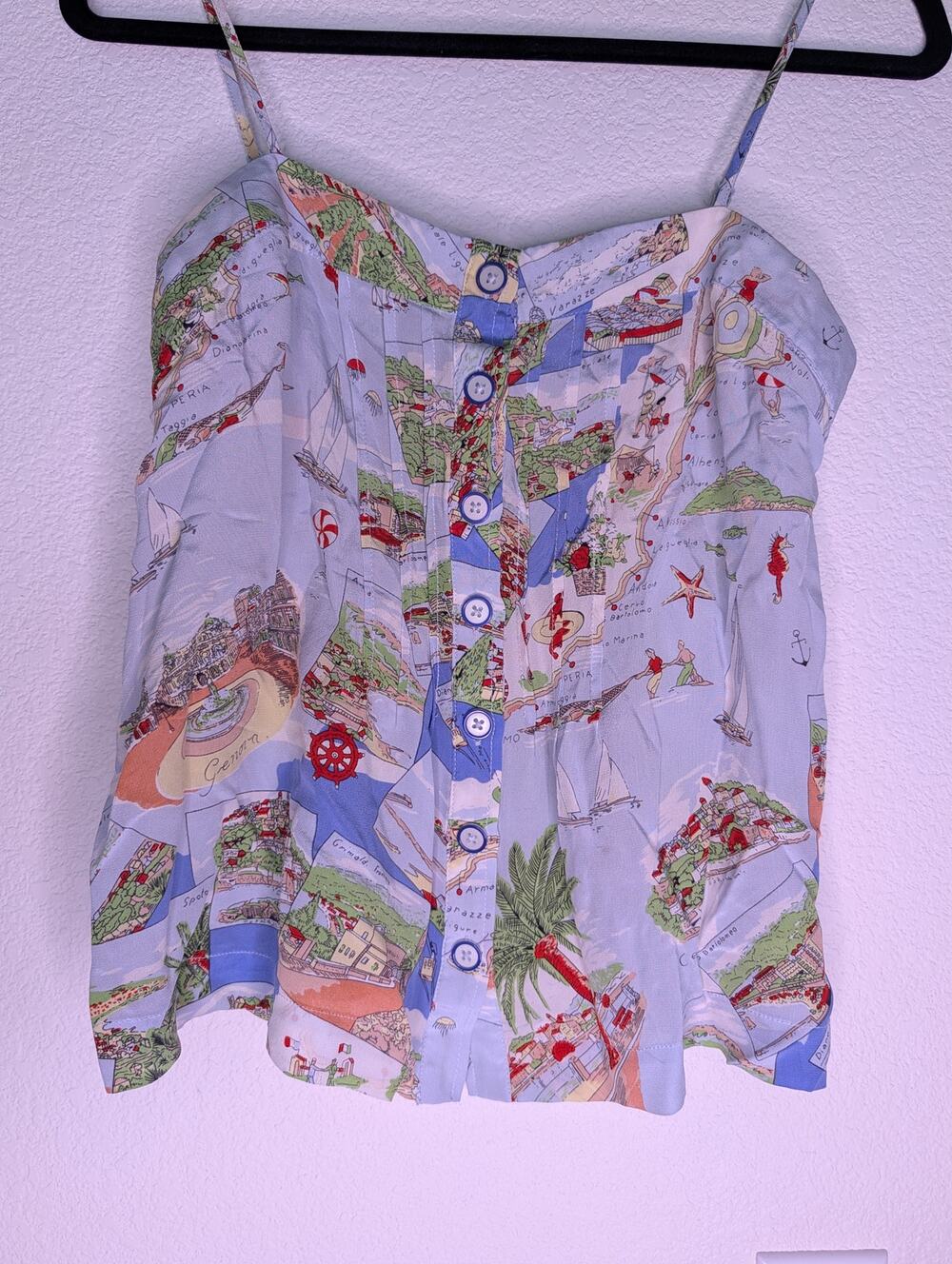 Anthropologie Maeve 100% Silk Map Print Camisole US2 Nautical Travel Chic Button